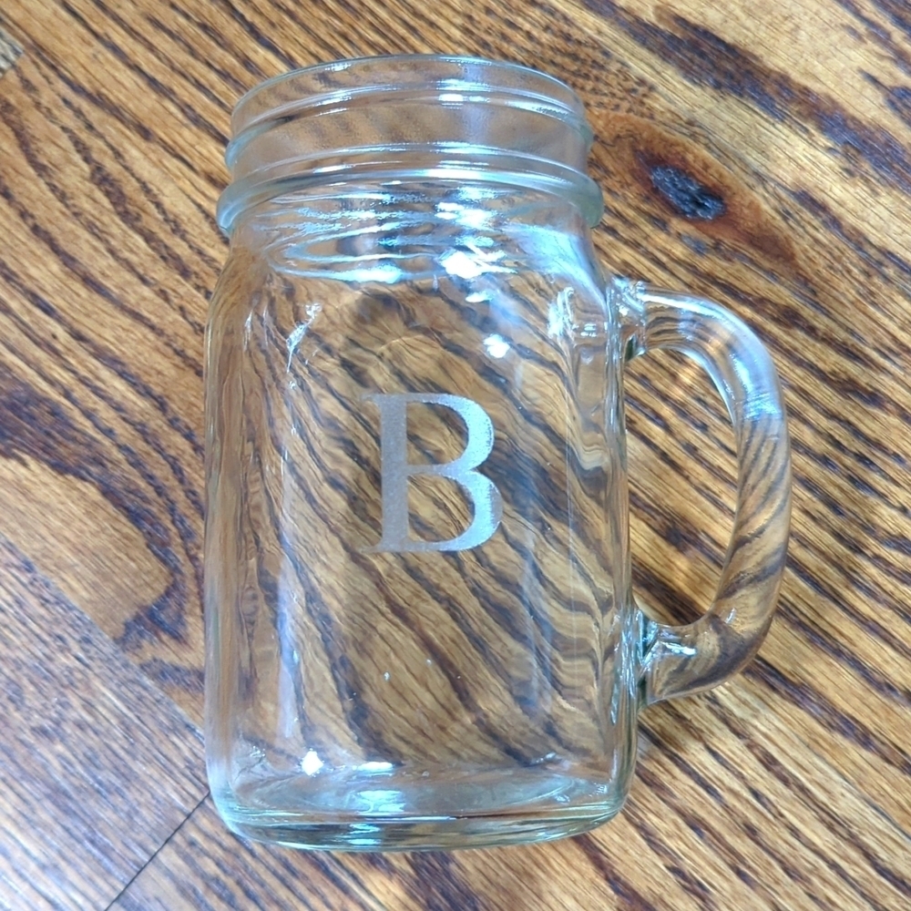 Mason Jar Drinking Glass with "B" Initial